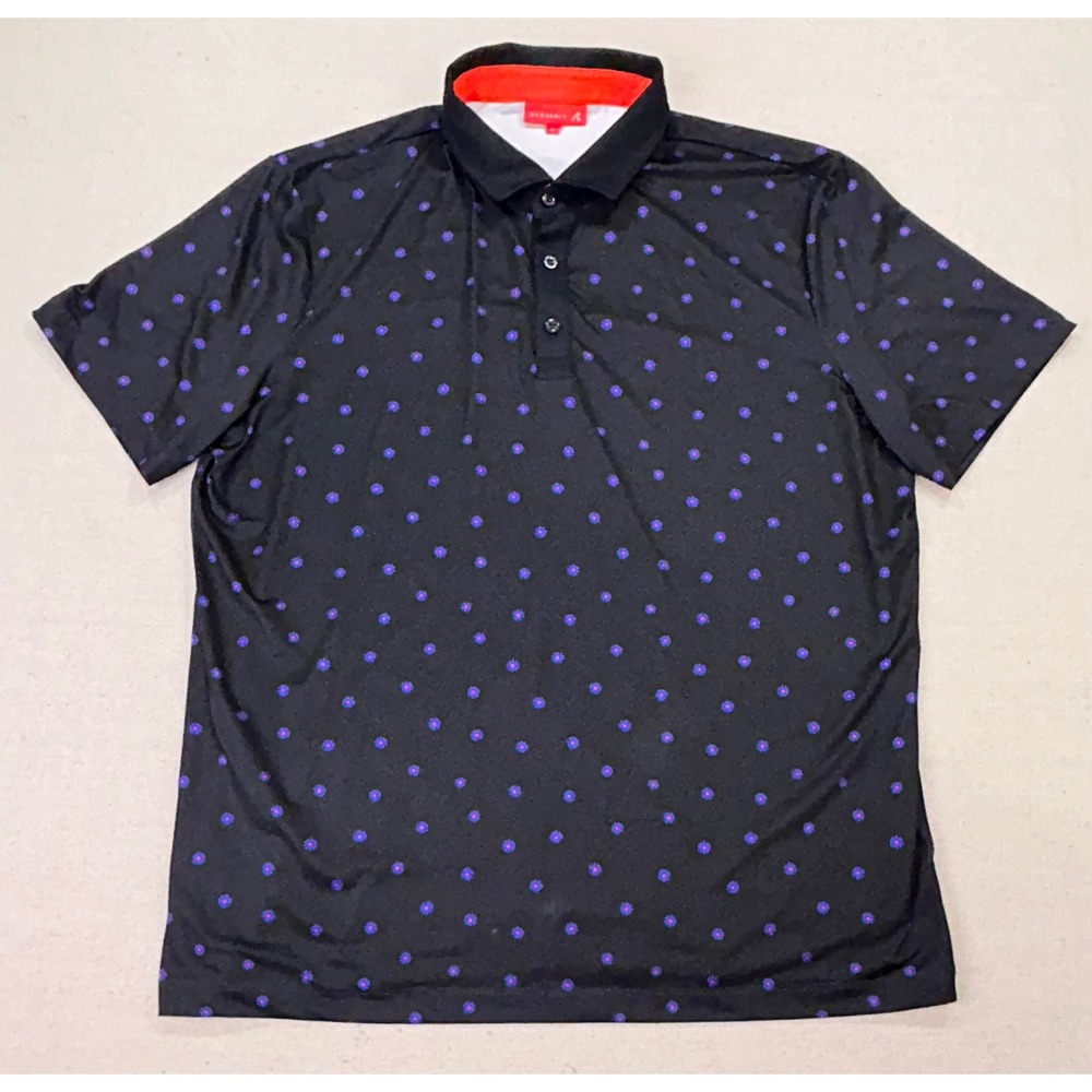 REDVANLY Mens XL Black Blue Floral Daisy Performance Golf Polo Shirt SS